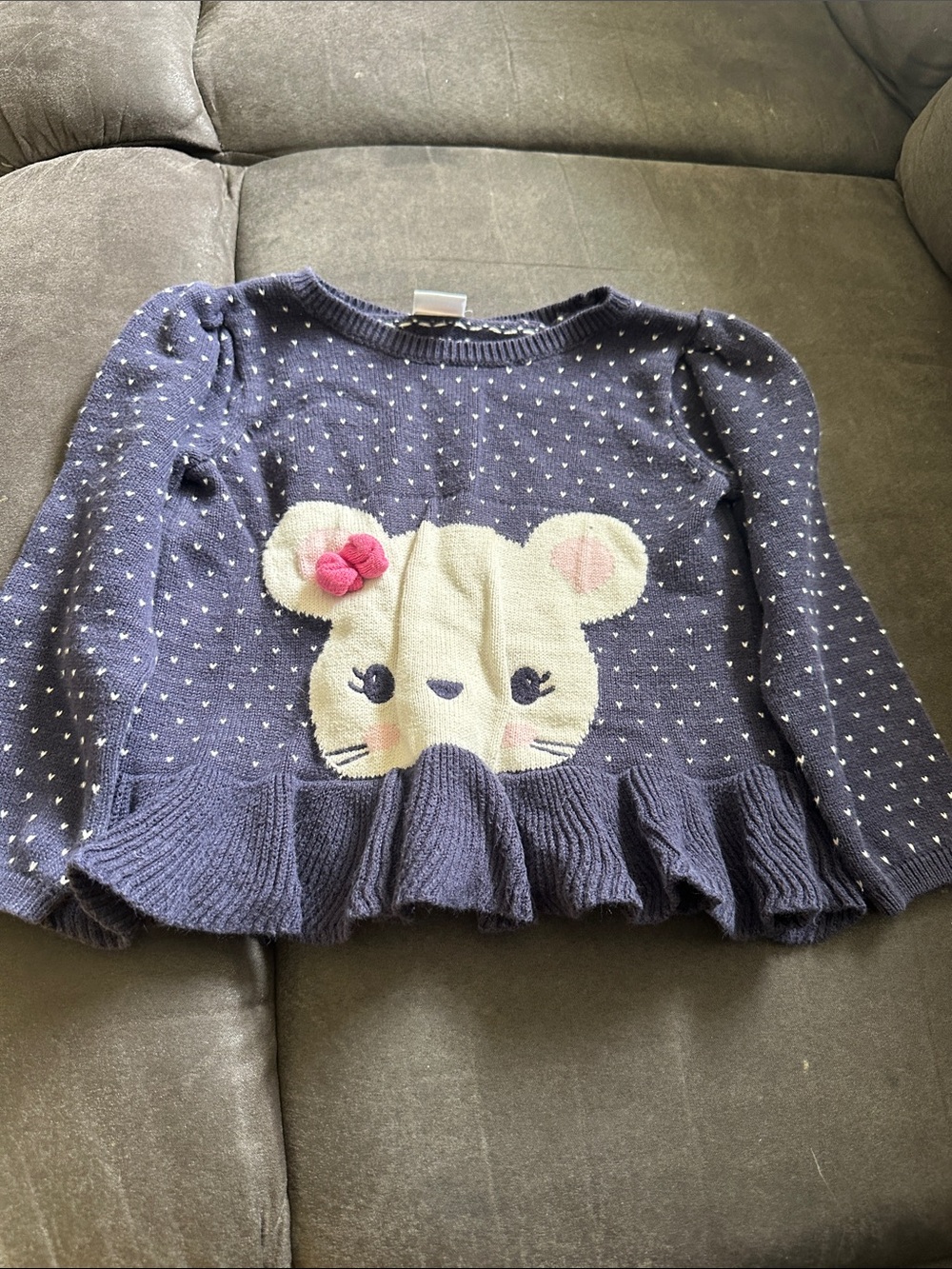 Gymboree Navy Sweater Top with Cream Mouse Appliqué and Pink Bow